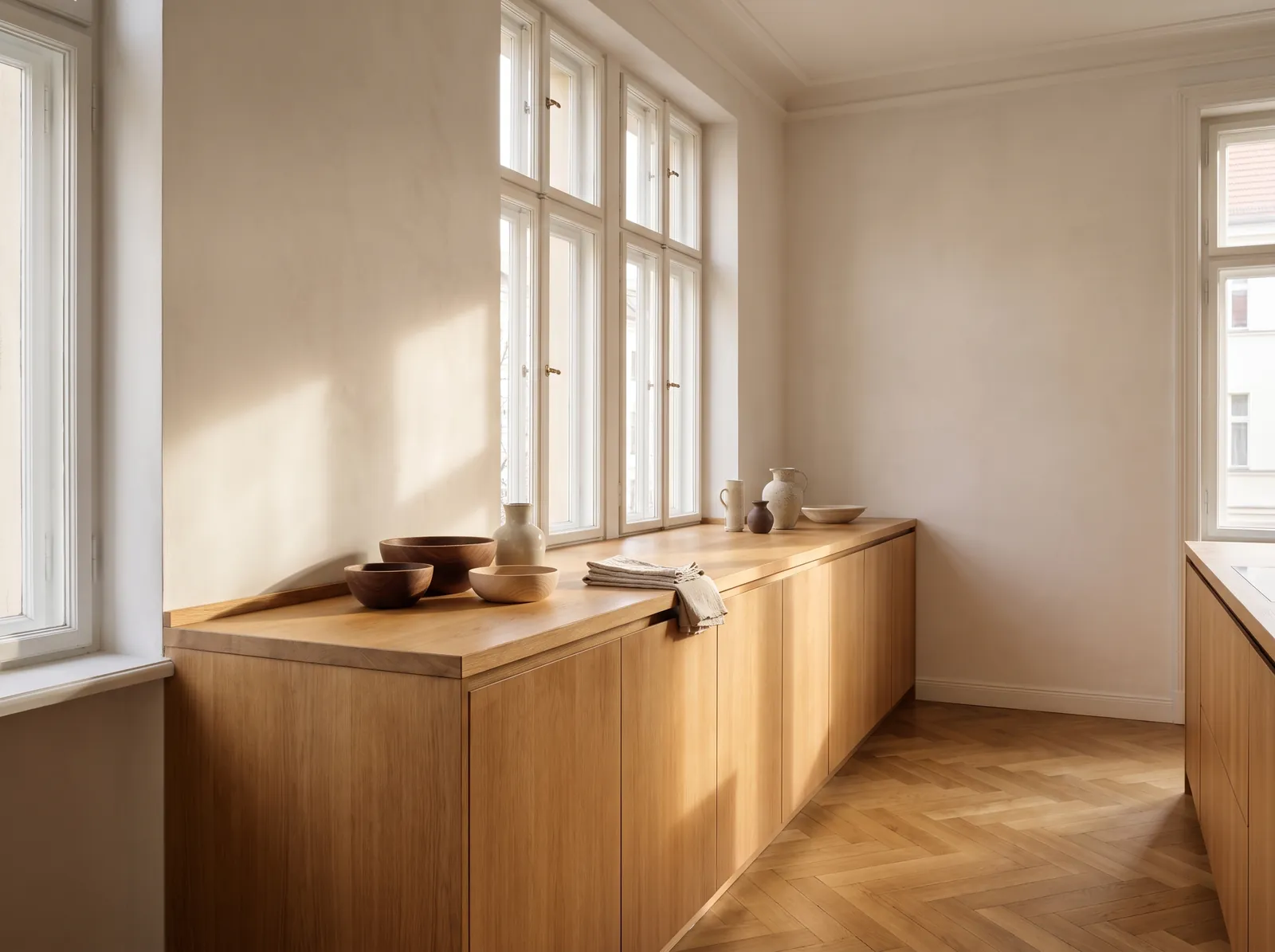 Möbel unter den Fenstern: Eiche geölt · Altbau in Prenzlauer Berg · 4 Wochen