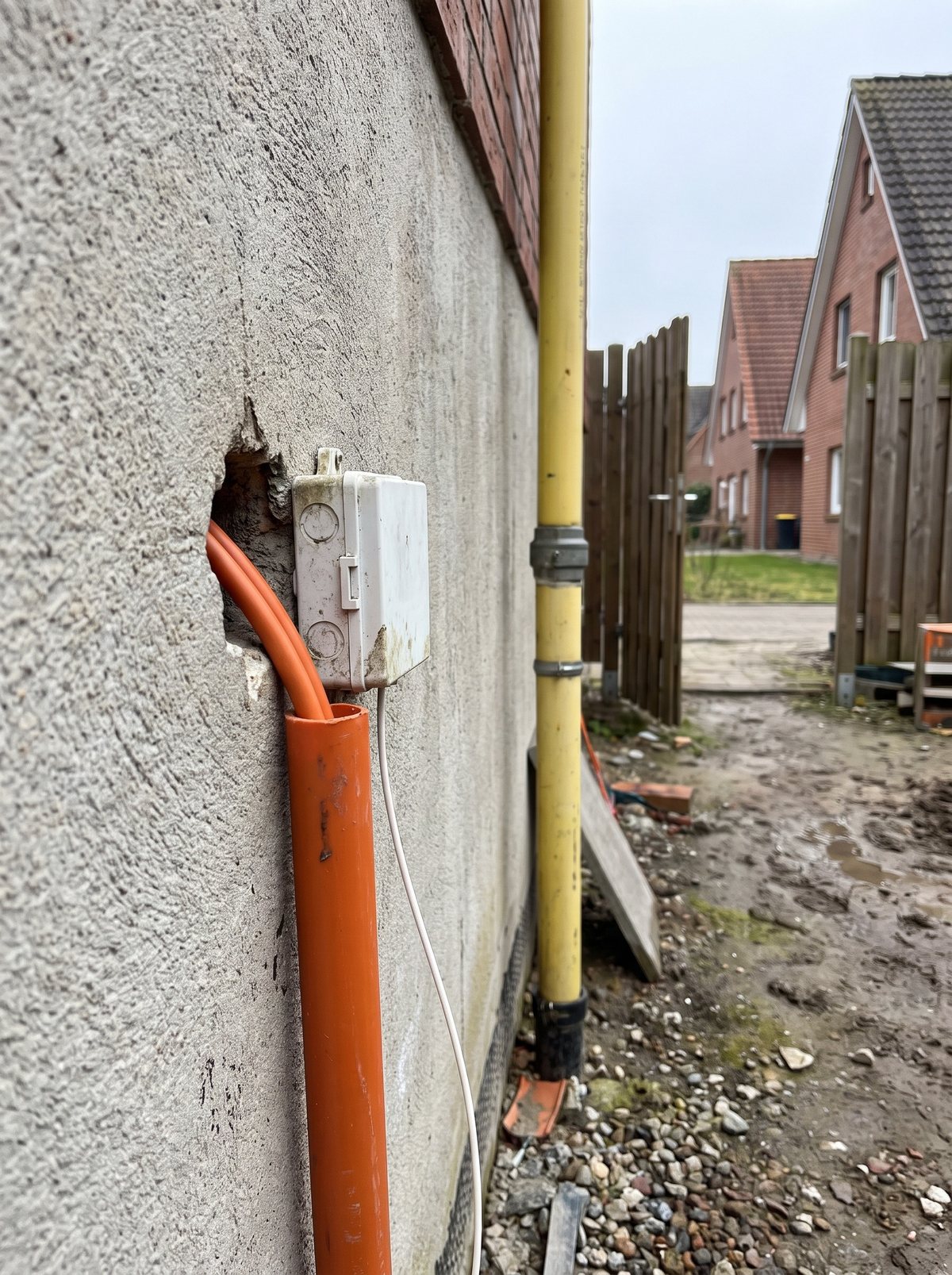 Hauswand mit Hausübergabepunkt, orangem Mikrorohr und Glasfaserkabel neben der gelben Gasleitung