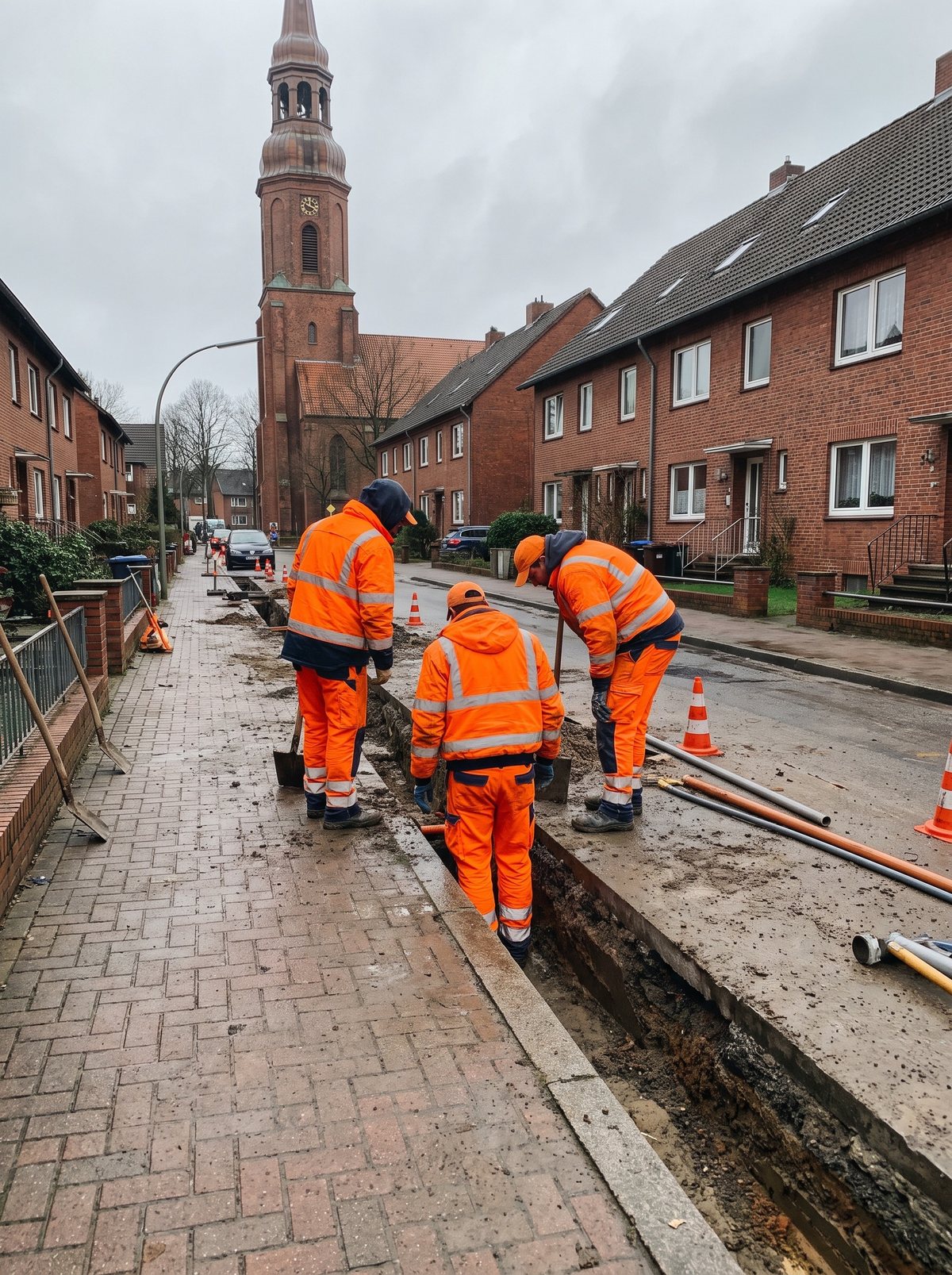 Kolonne in Warnkleidung an einem schmalen Graben im Gehweg, im Hintergrund ein Kirchturm aus Backstein