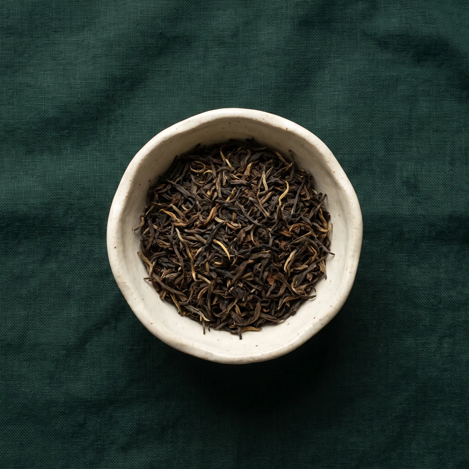 Dunkle Assam-Blätter mit goldenen Spitzen in einer Keramikschale